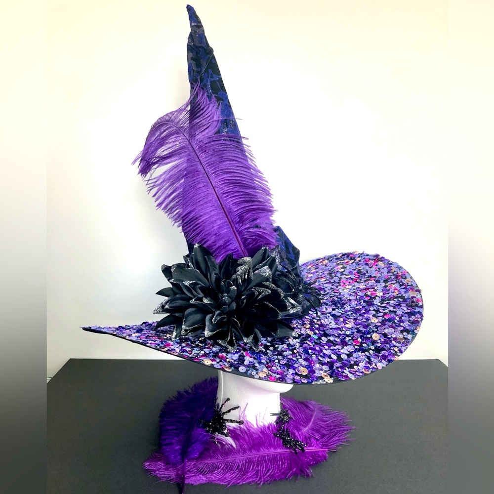 Artisan Purple & Black Witch Hat with Feathers and Sequins 21 inch crown
